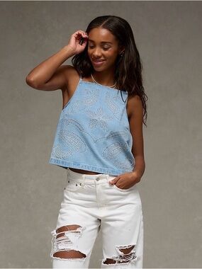 American Eagle Embroidered Denim Cami in Light Wash Bin#26